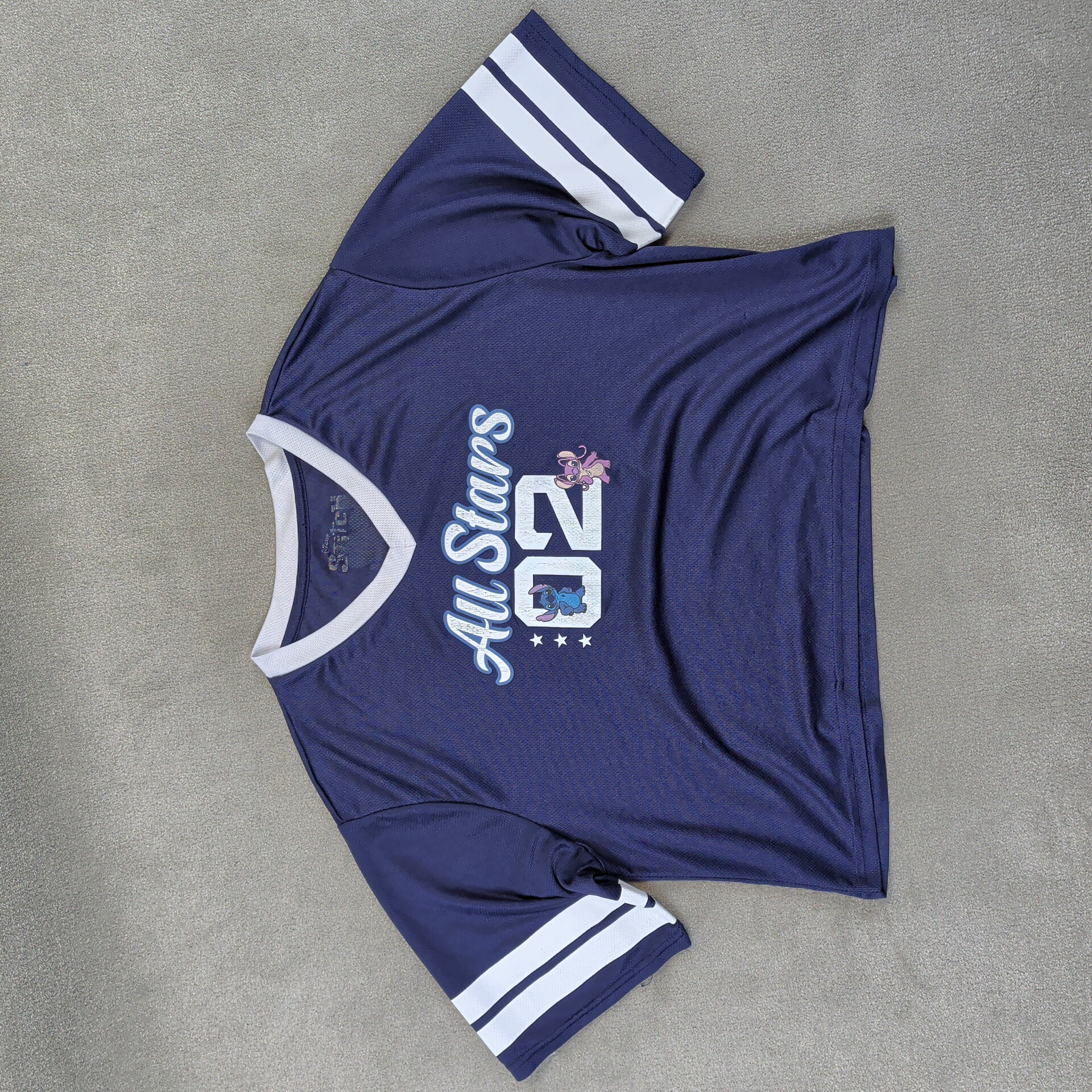 Vintage Disney All Stars 02 Womens Cropped Jersey Tee Navy Blue Y2K Retro White